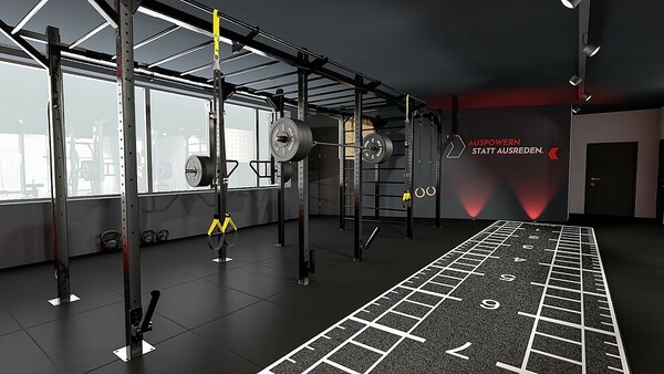Moderner Fitnessraum mit Kraftstation, Hanteln, Klettergerüst und Sprintbahn.
